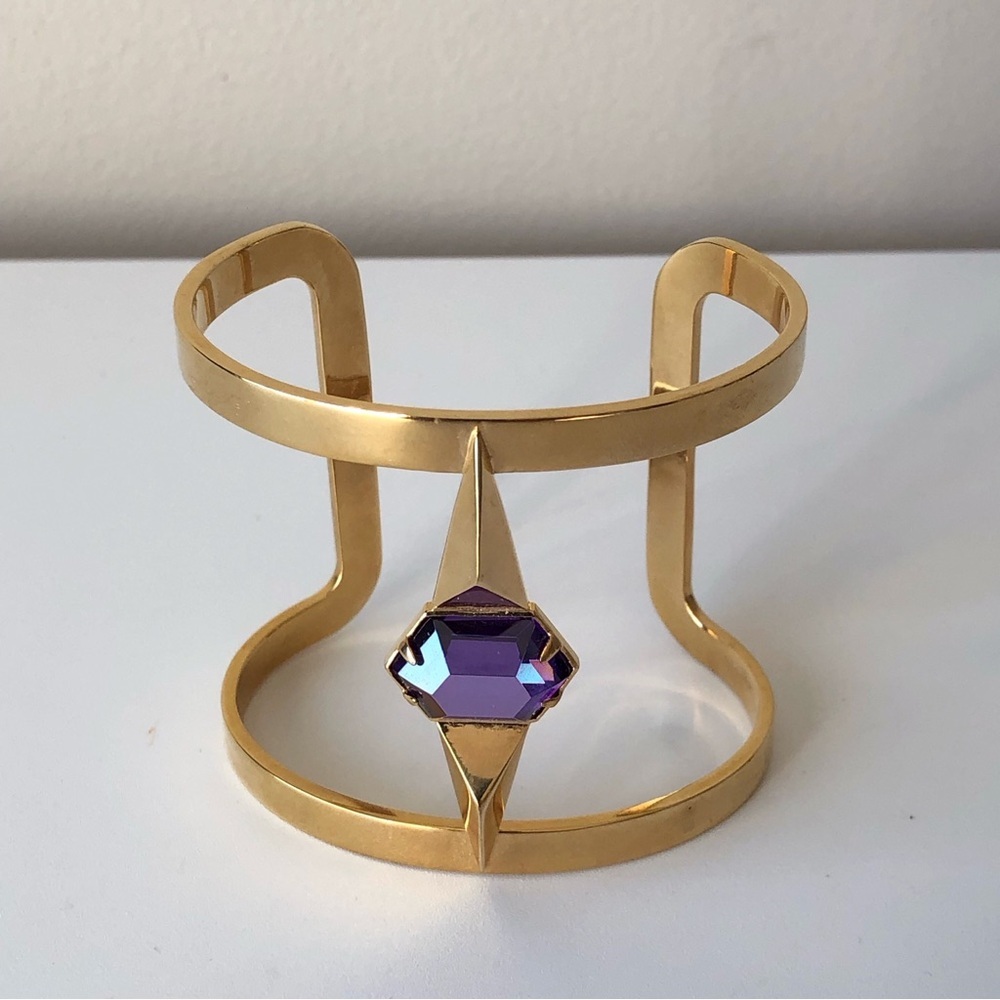 Juicy Couture Gold Open Cuff Bangle Bracelet Purple Amethyst Crystal Stone